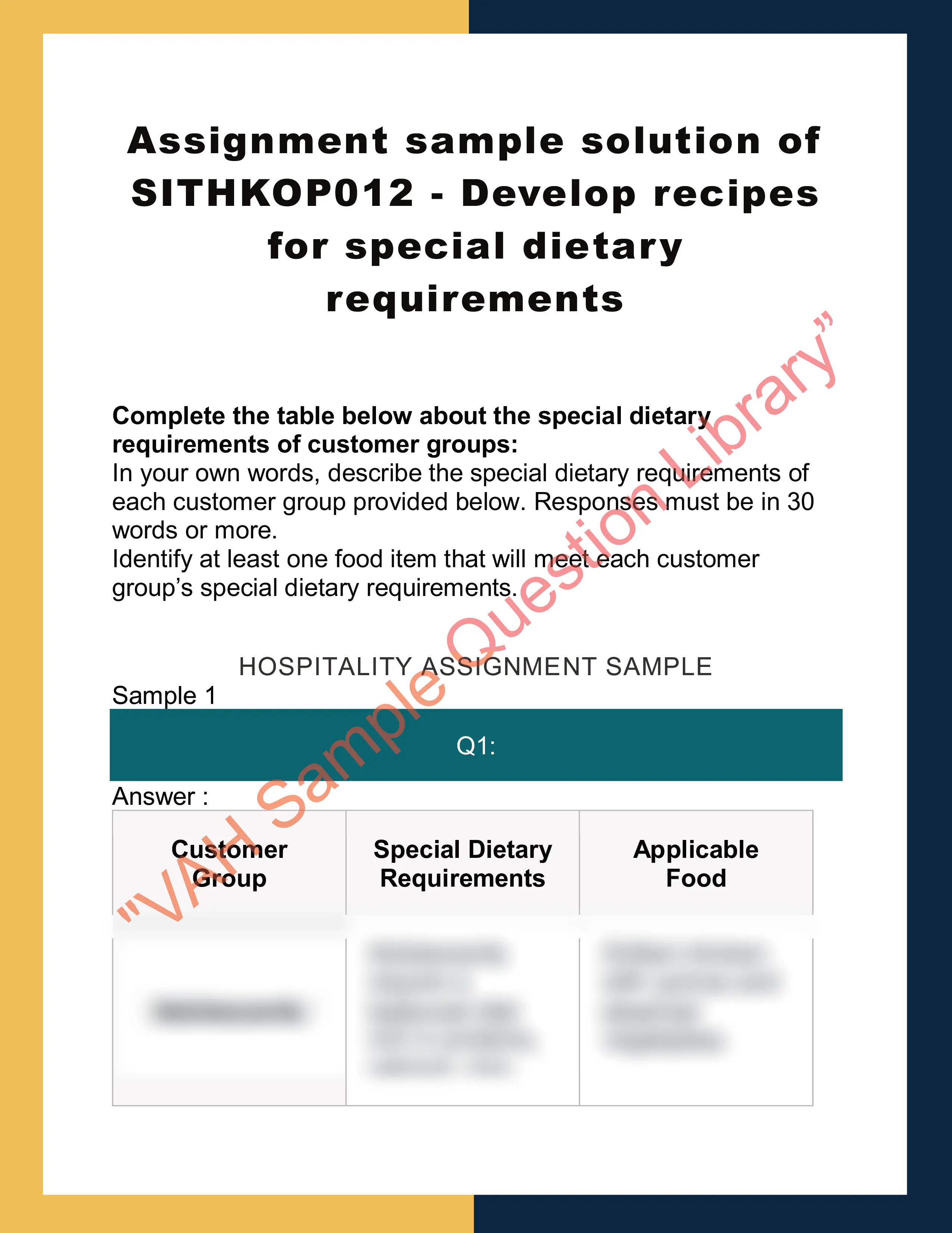 Assignment sample solution of SITHKOP012 - Develop recipes for special dietary requirements 0